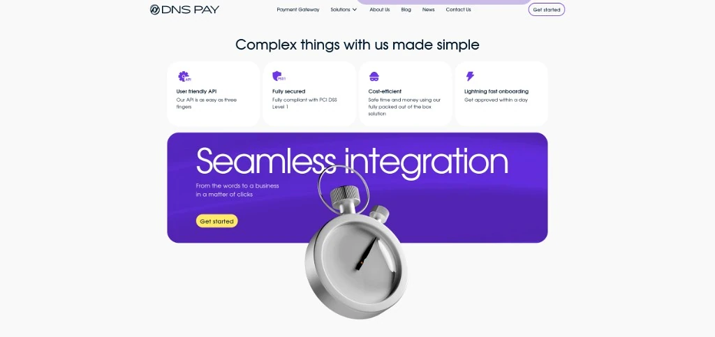 Блок переваг DNS PAY: API, Security, Cost-efficient, Onboarding